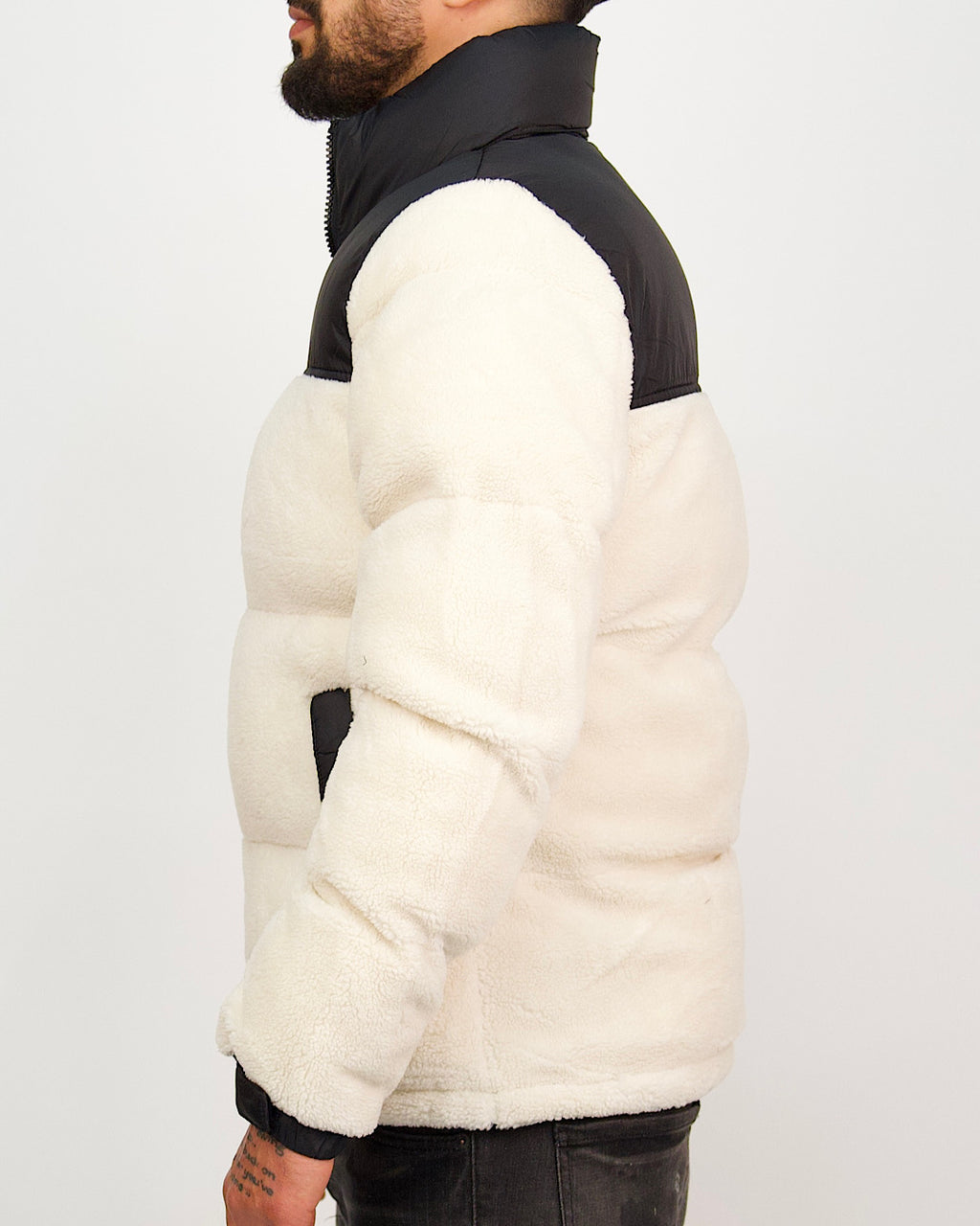 Black Contrast Panel Fleece Puffer Coat