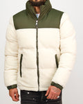 Green Contrast Panel Fleece Puffer Coat