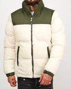 Green Contrast Panel Fleece Puffer Coat