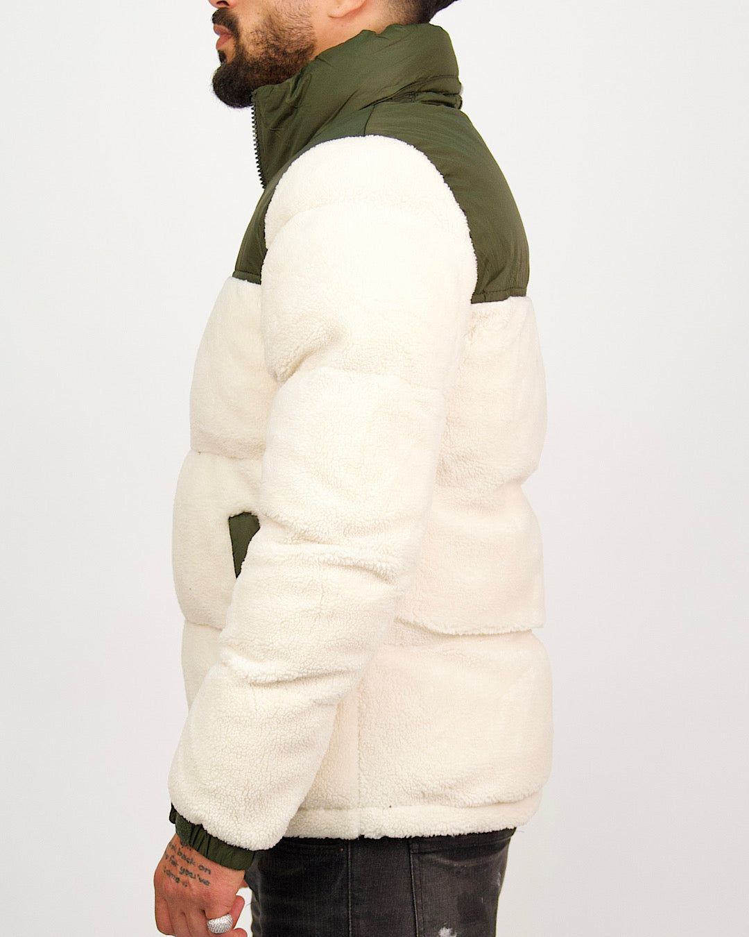 Green Contrast Panel Fleece Puffer Coat