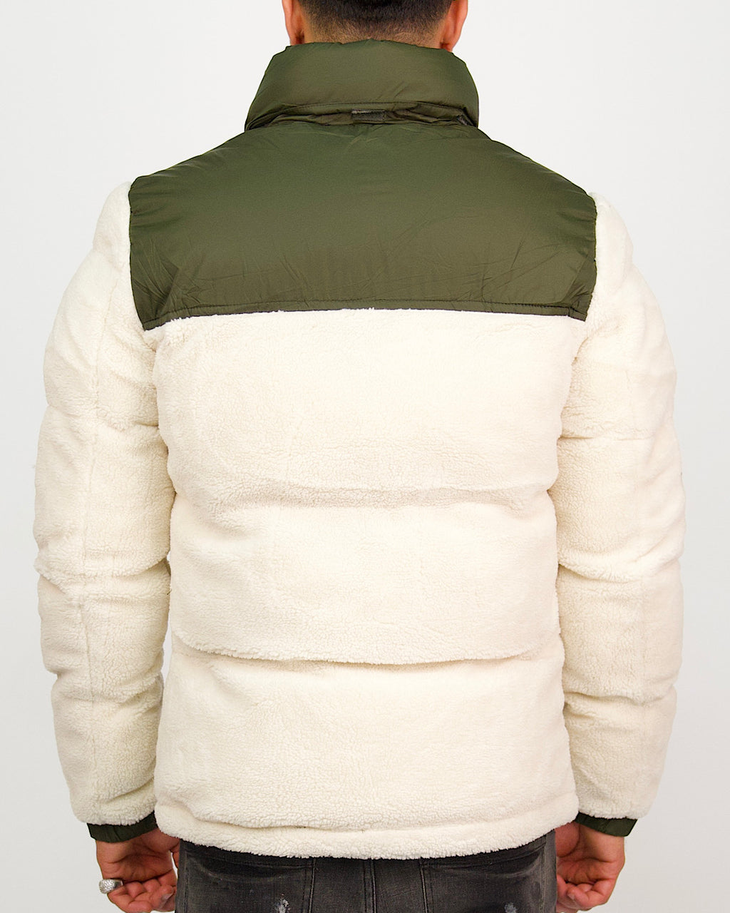 Green Contrast Panel Fleece Puffer Coat