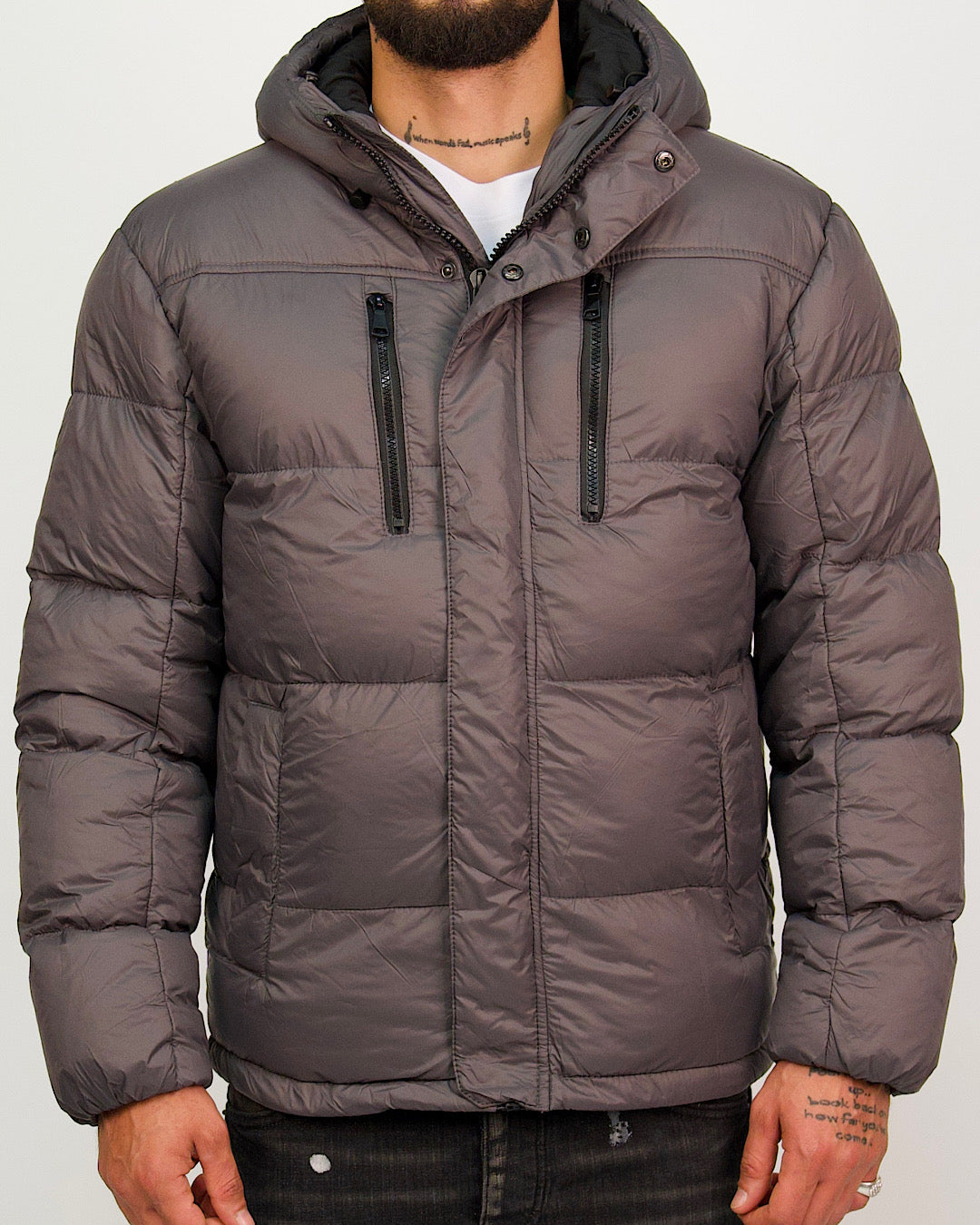 Dark Grey Matte Black Zip Detail Puffer Coat