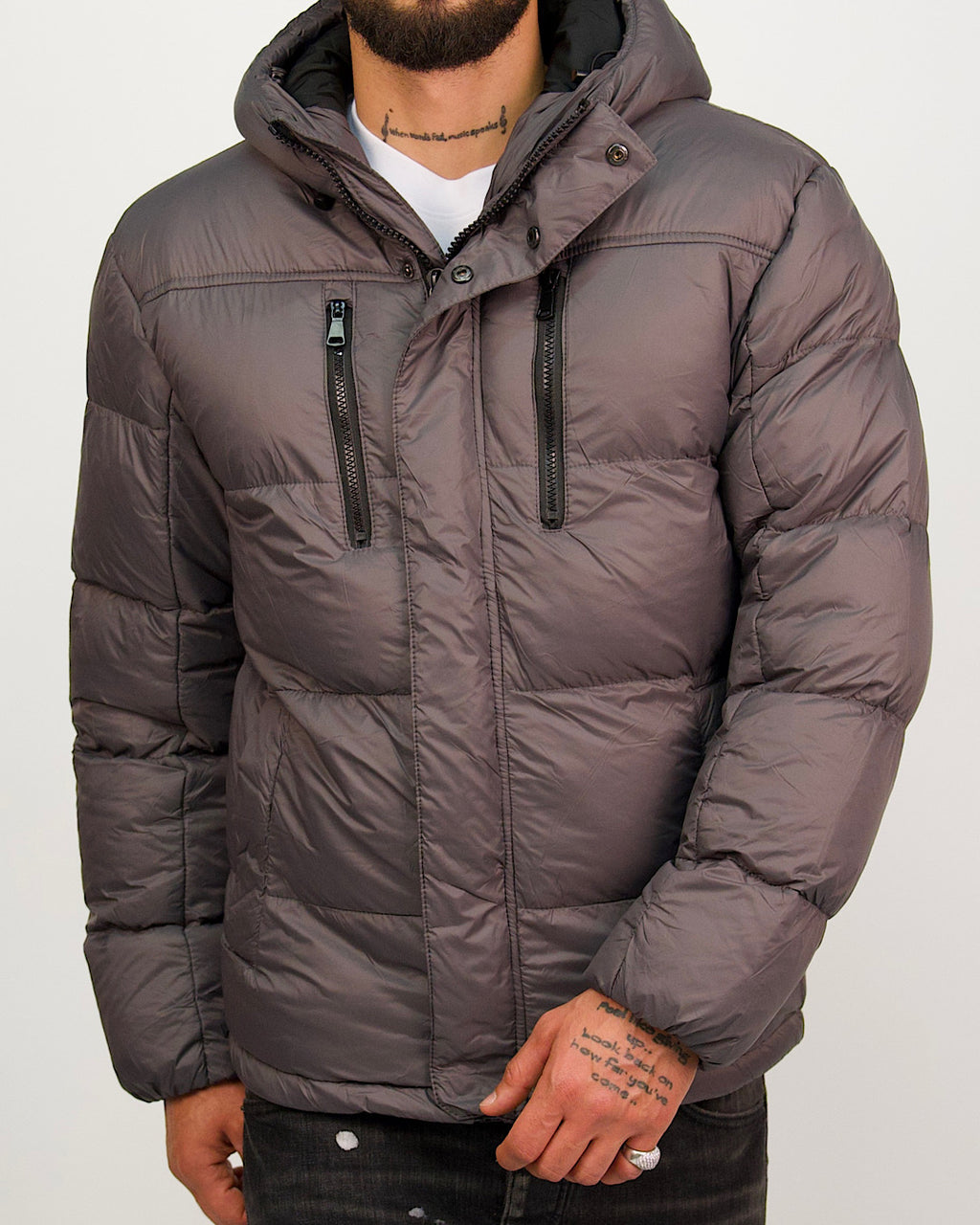 Dark Grey Matte Black Zip Detail Puffer Coat