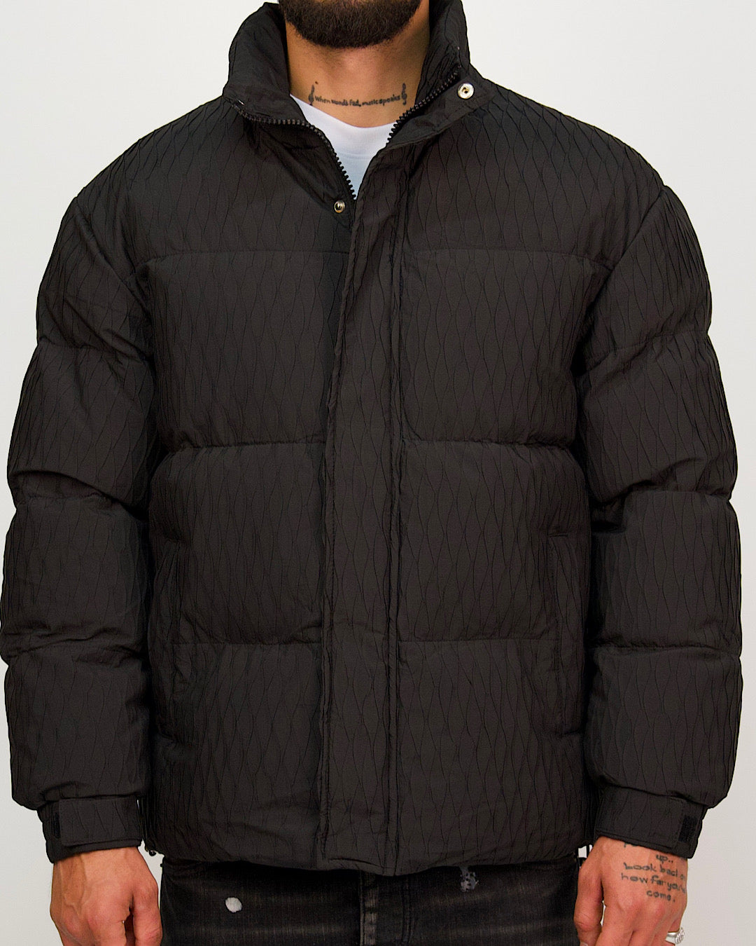 Black Textured Quilted Puffer Jacket