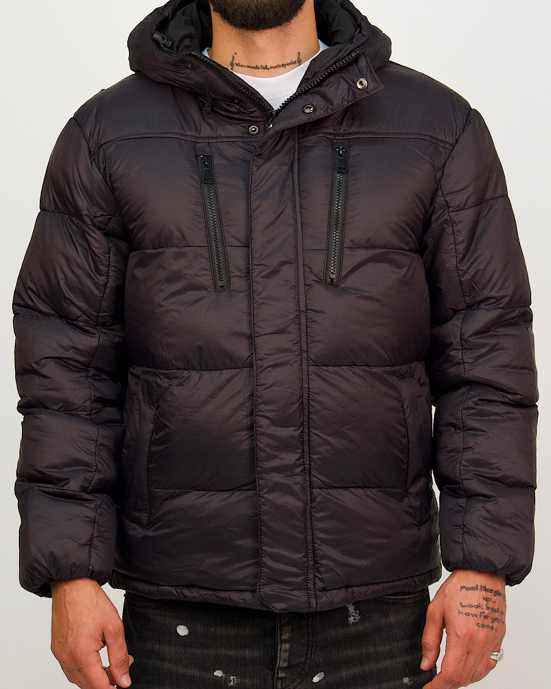 Matte Black Zip Detail Puffer Coat