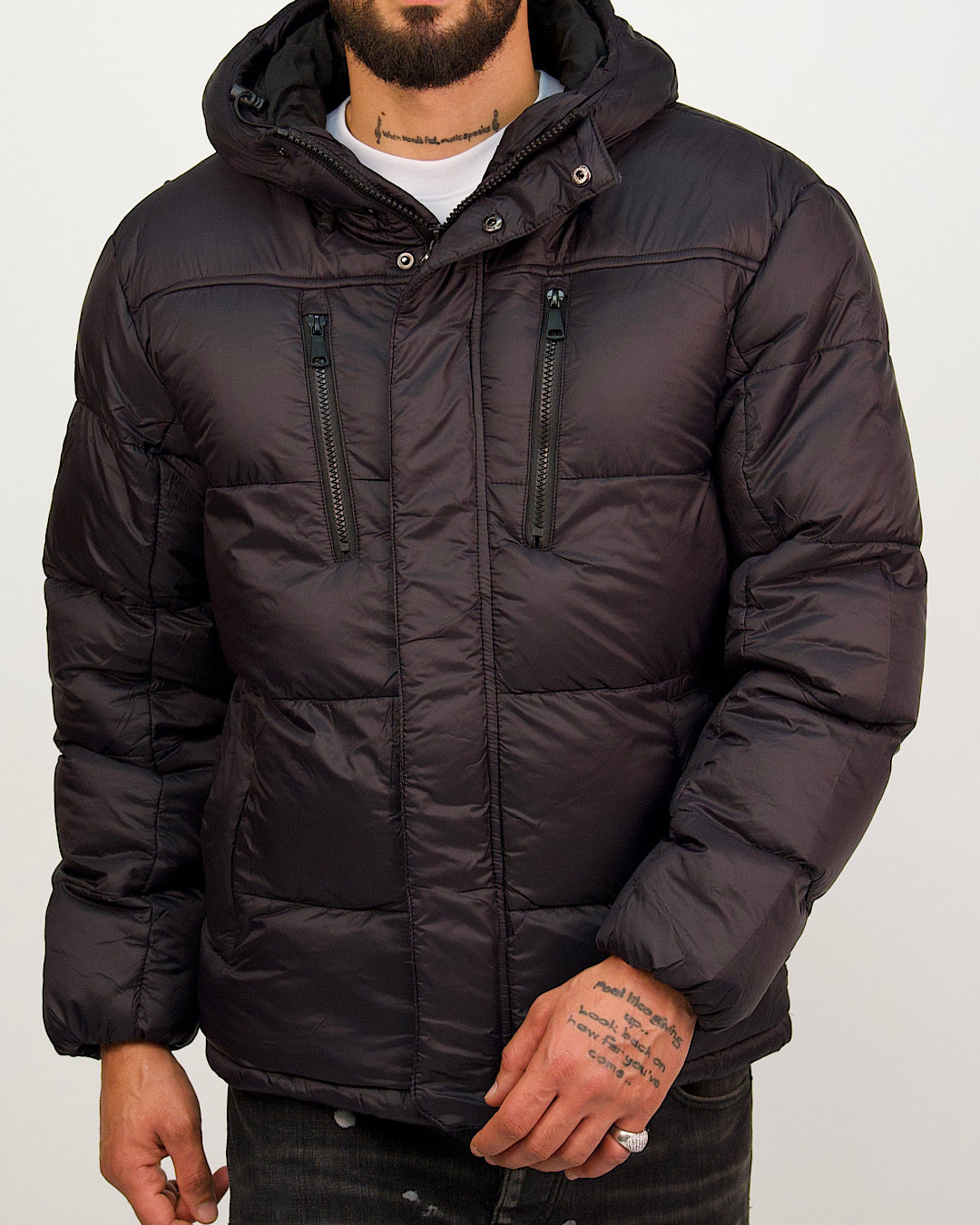 Matte Black Zip Detail Puffer Coat