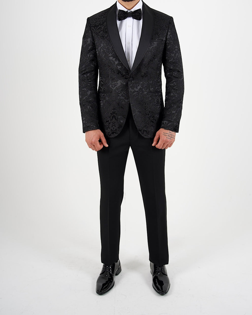 Black Jacquard Shawl Lapel Blazer with Bow Tie