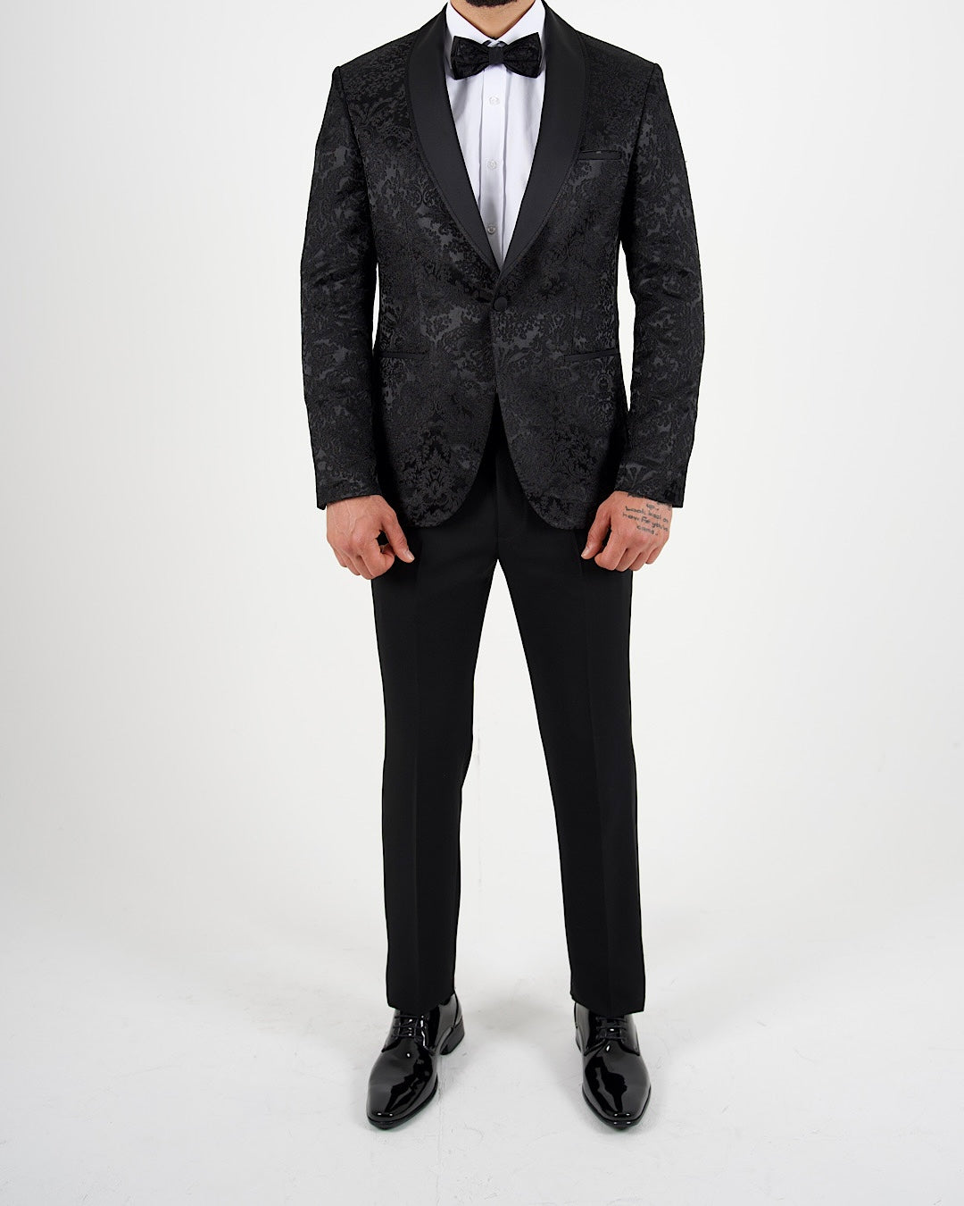 Black Jacquard Shawl Lapel Blazer with Bow Tie