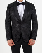 Black Jacquard Shawl Lapel Blazer with Bow Tie