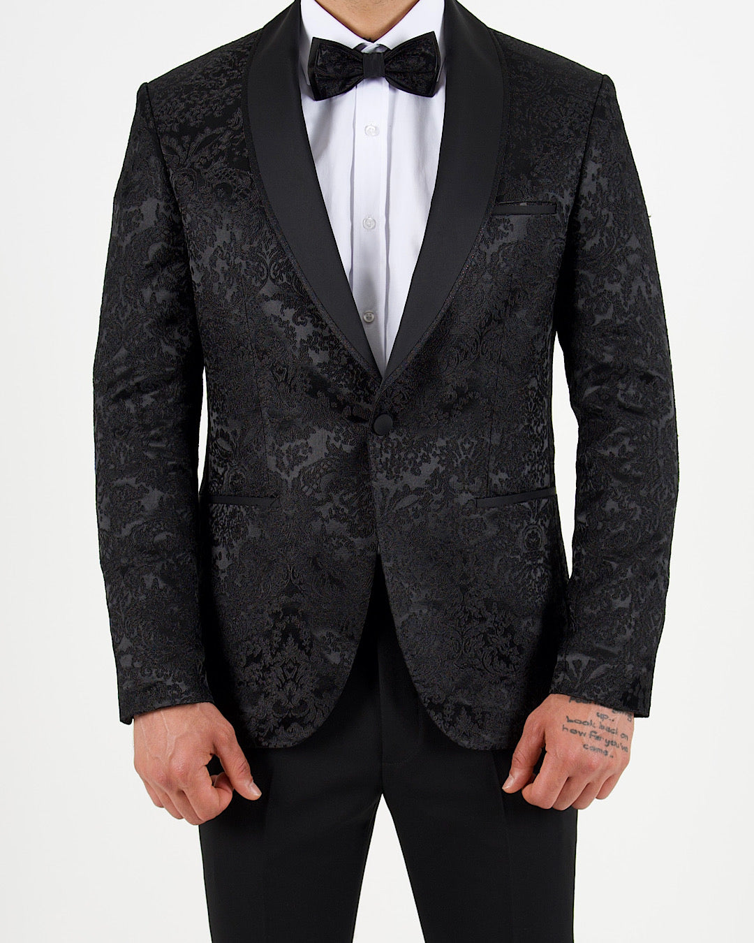 Black Jacquard Shawl Lapel Blazer with Bow Tie