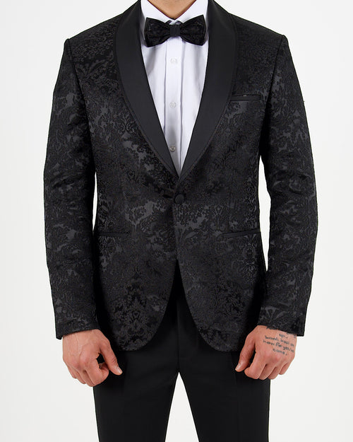 Black Jacquard Shawl Lapel Blazer with Bow Tie