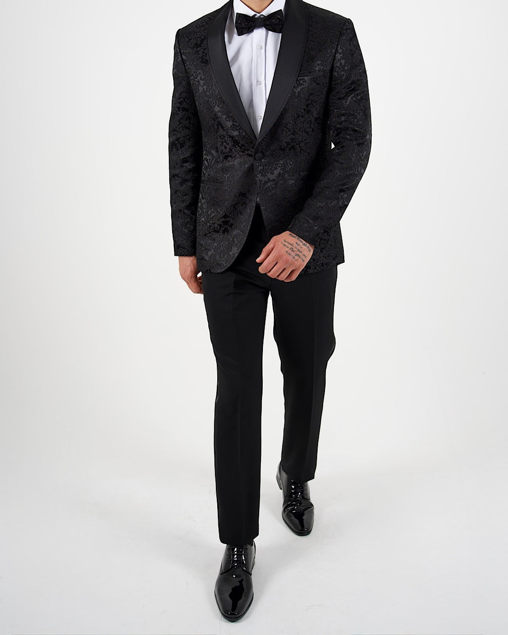 Black Jacquard Shawl Lapel Blazer with Bow Tie