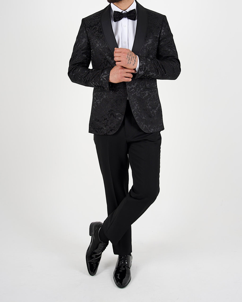 Black Jacquard Shawl Lapel Blazer with Bow Tie
