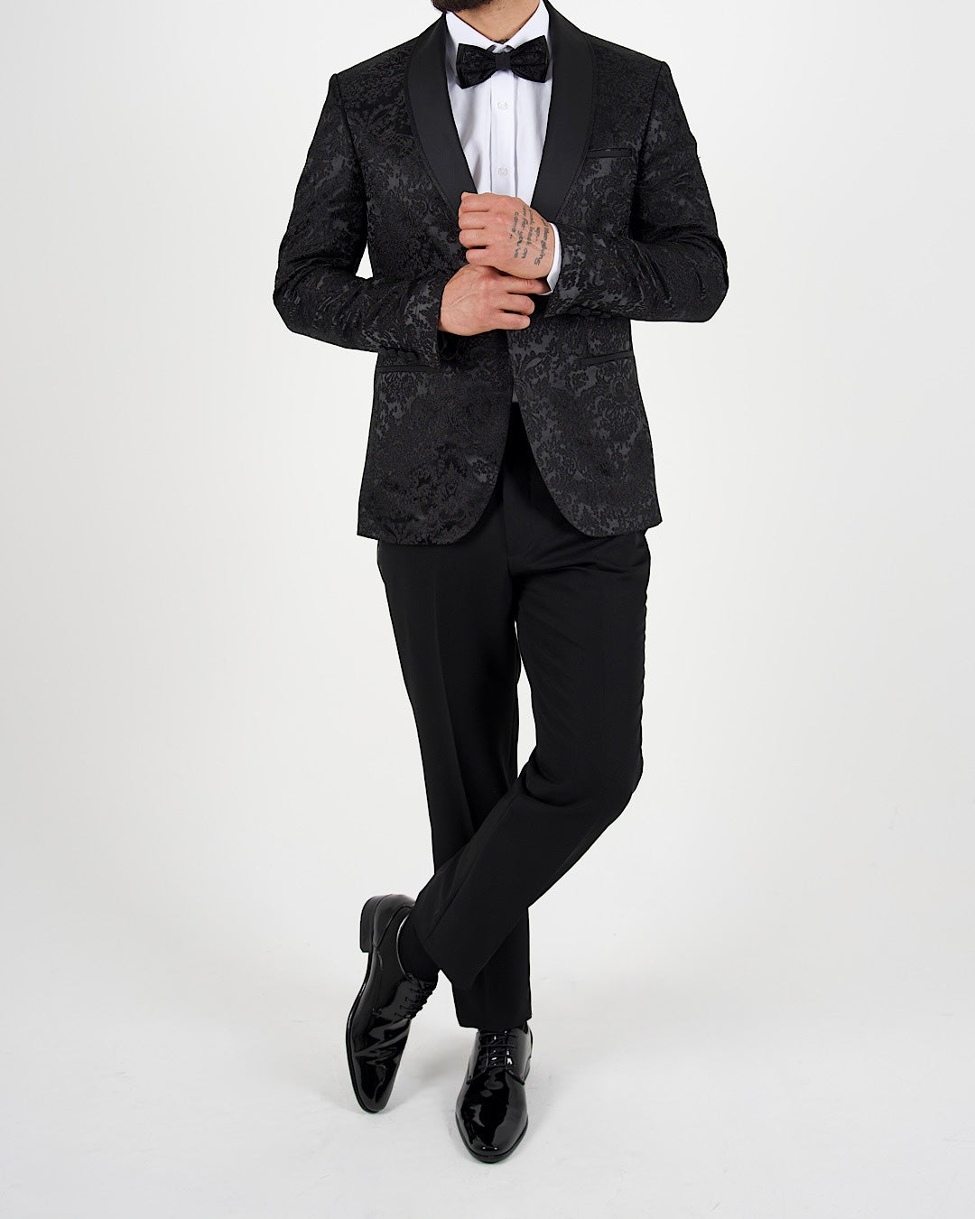 Black Jacquard Shawl Lapel Blazer with Bow Tie