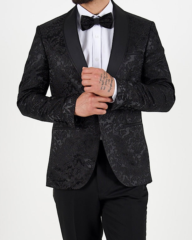 Black Jacquard Shawl Lapel Blazer with Bow Tie