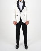 White Jacquard Shawl Lapel Blazer with Bow Tie