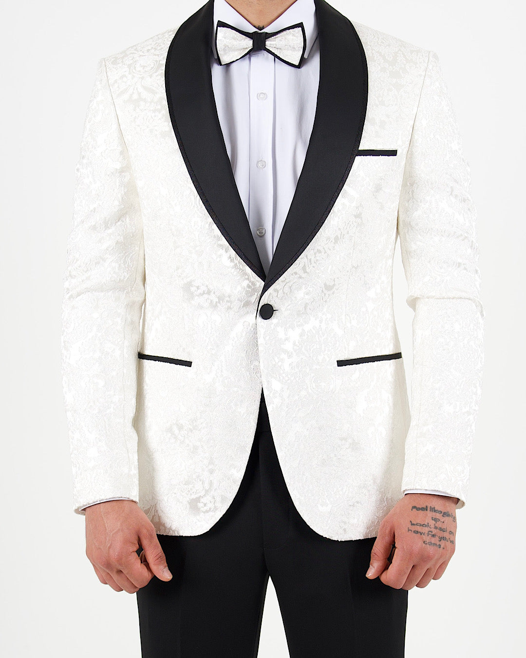 White Jacquard Shawl Lapel Blazer with Bow Tie