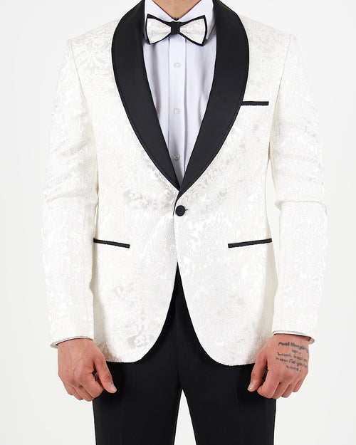 White Jacquard Shawl Lapel Blazer with Bow Tie