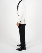 White Jacquard Shawl Lapel Blazer with Bow Tie