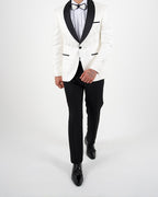 White Jacquard Shawl Lapel Blazer with Bow Tie