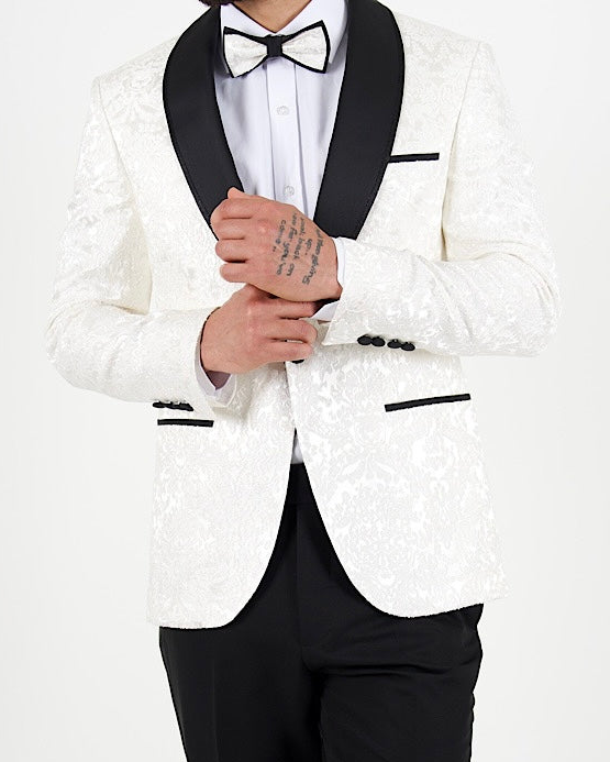 White Jacquard Shawl Lapel Blazer with Bow Tie