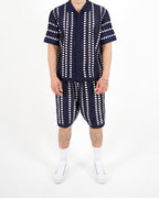 Navy Crochet Stripe Polo & Shorts Set