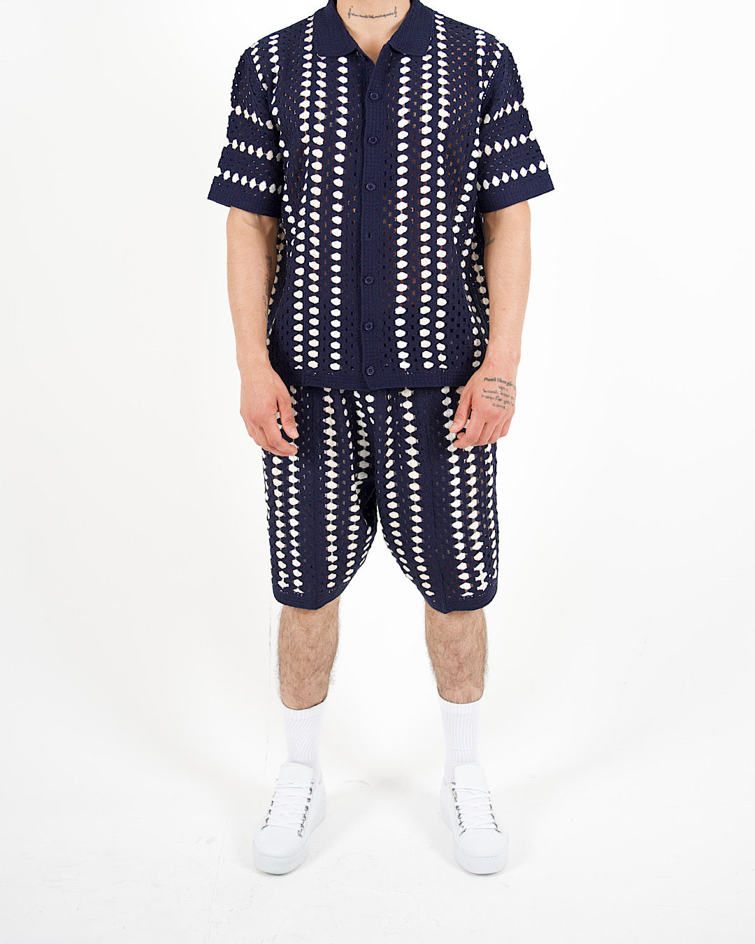 Navy Crochet Stripe Polo & Shorts Set