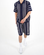 Navy Crochet Stripe Polo & Shorts Set