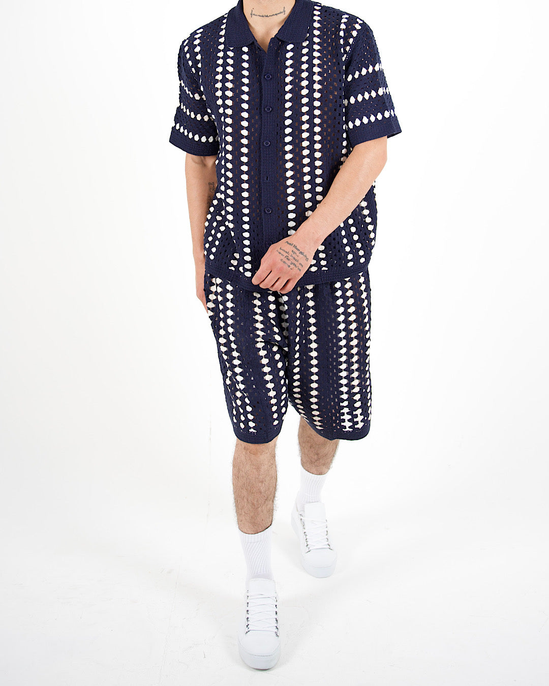 Navy Crochet Stripe Polo & Shorts Set