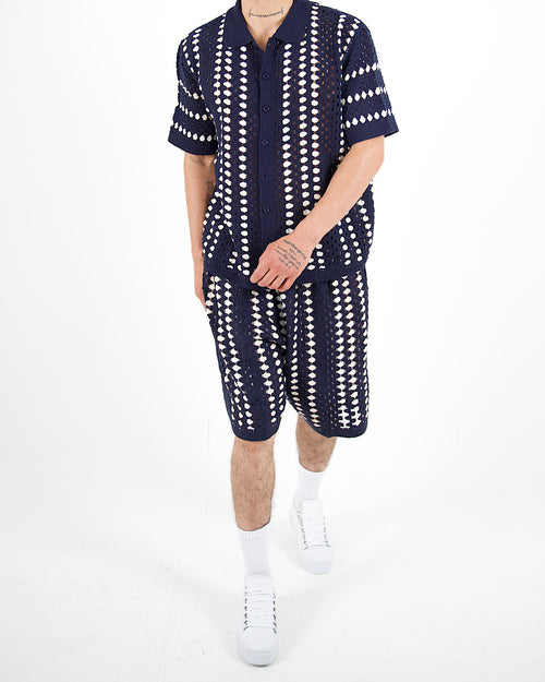 Navy Crochet Stripe Polo & Shorts Set