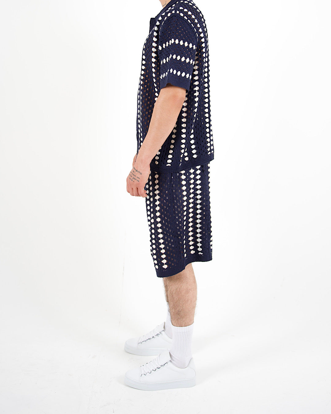 Navy Crochet Stripe Polo & Shorts Set