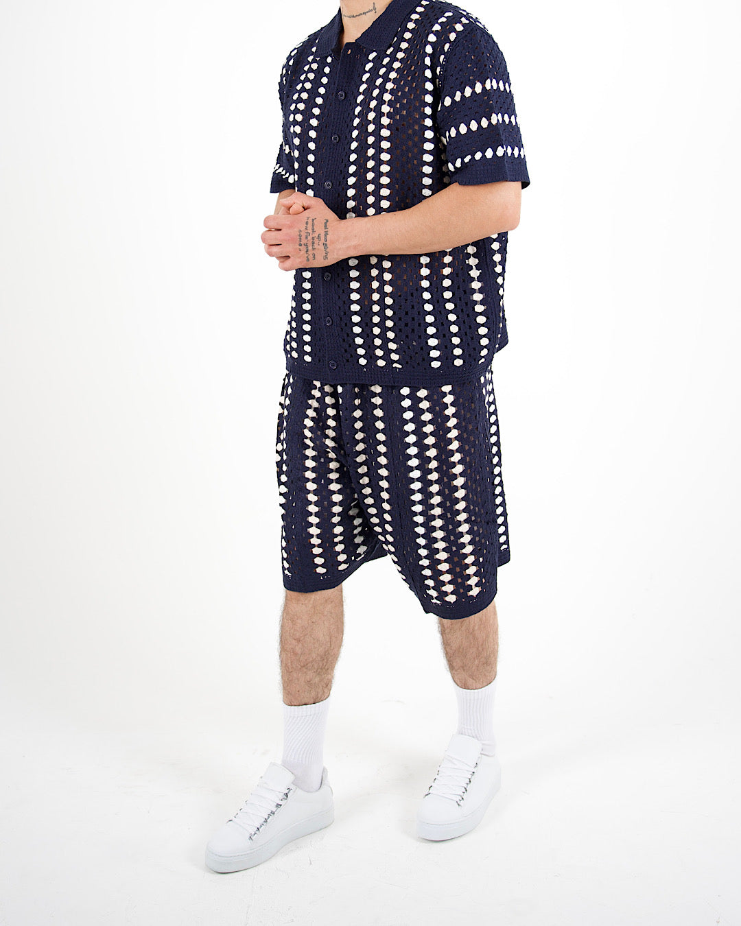 Navy Crochet Stripe Polo & Shorts Set