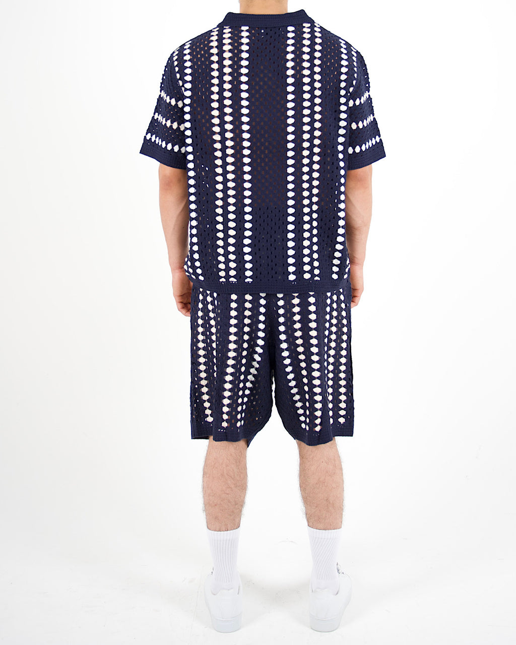 Navy Crochet Stripe Polo & Shorts Set