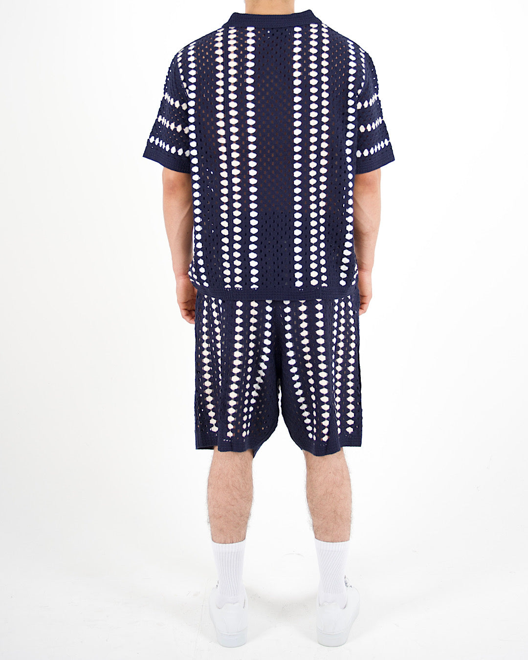 Navy Crochet Stripe Polo & Shorts Set