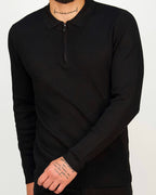 Black fine-knit zip-collar polo, also available in white, green, navy and beige.