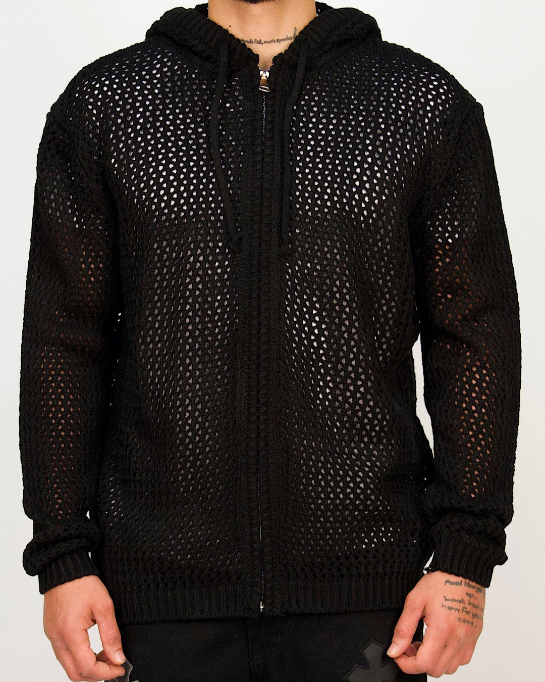 トップス jentlouis Mesh Knit Hoodie Men's Mesh-Knit Full-Zip Hoodie | Black | Milano Couture