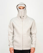 Front view of a men’s regular-fit grey hoodie featuring a full-zip integrated mask and kangaroo pocket.
