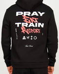 Back view of a men’s regular-fit black hoodie with a bold “Pray Eat Train Repeat” graphic.