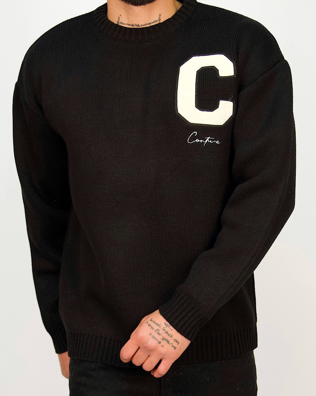 Men's Varsity Crest Knit Sweater | Black | Milano Couture