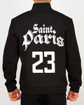 Back view of a men’s regular-fit black varsity-style jacket with a Saint Paris graphic and large “23” print.