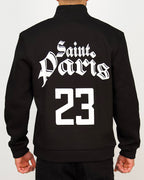 Back view of a men’s regular-fit black varsity-style jacket with a Saint Paris graphic and large “23” print.