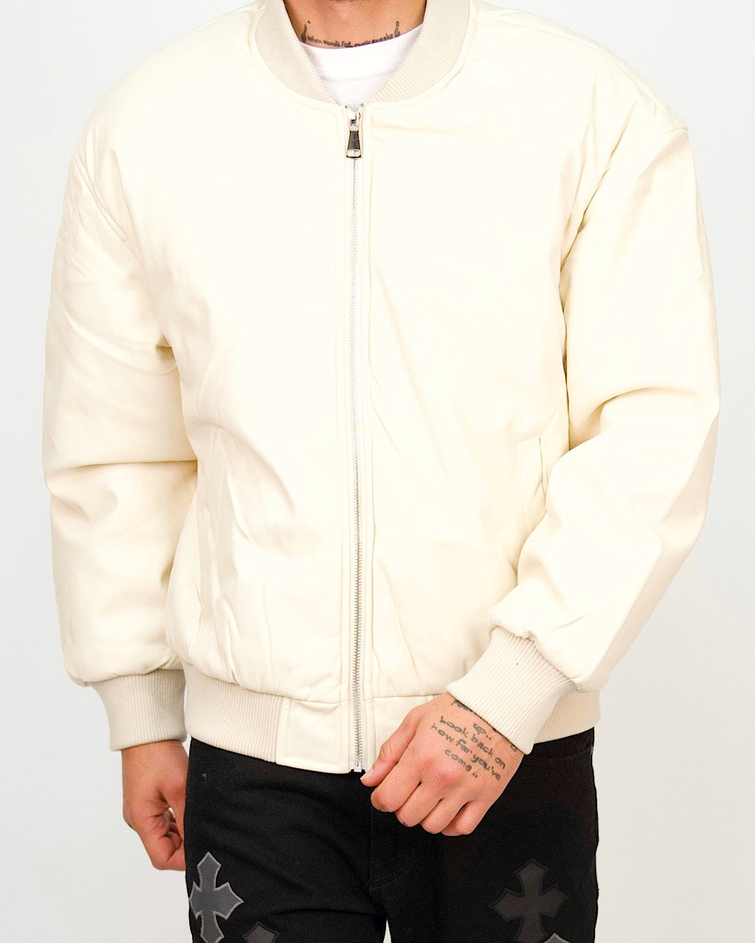Classic Faux-Leather Bomber Jacket