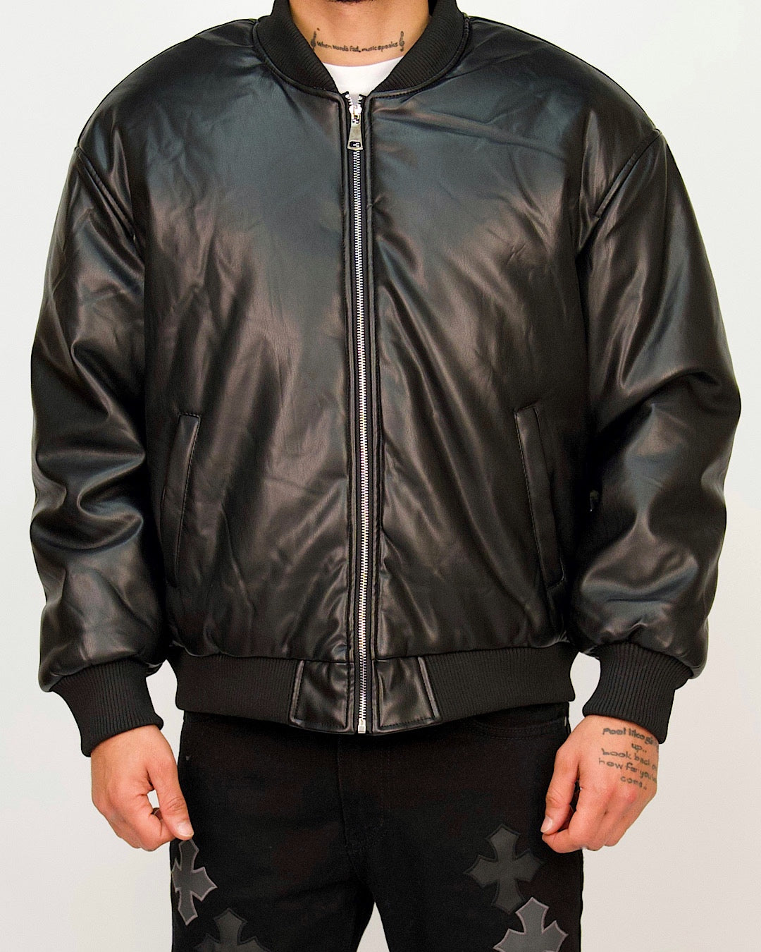 Classic Faux-Leather Bomber Jacket