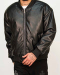 Men’s faux-leather bomber jacket in black with ribbed trims and zip fastening.