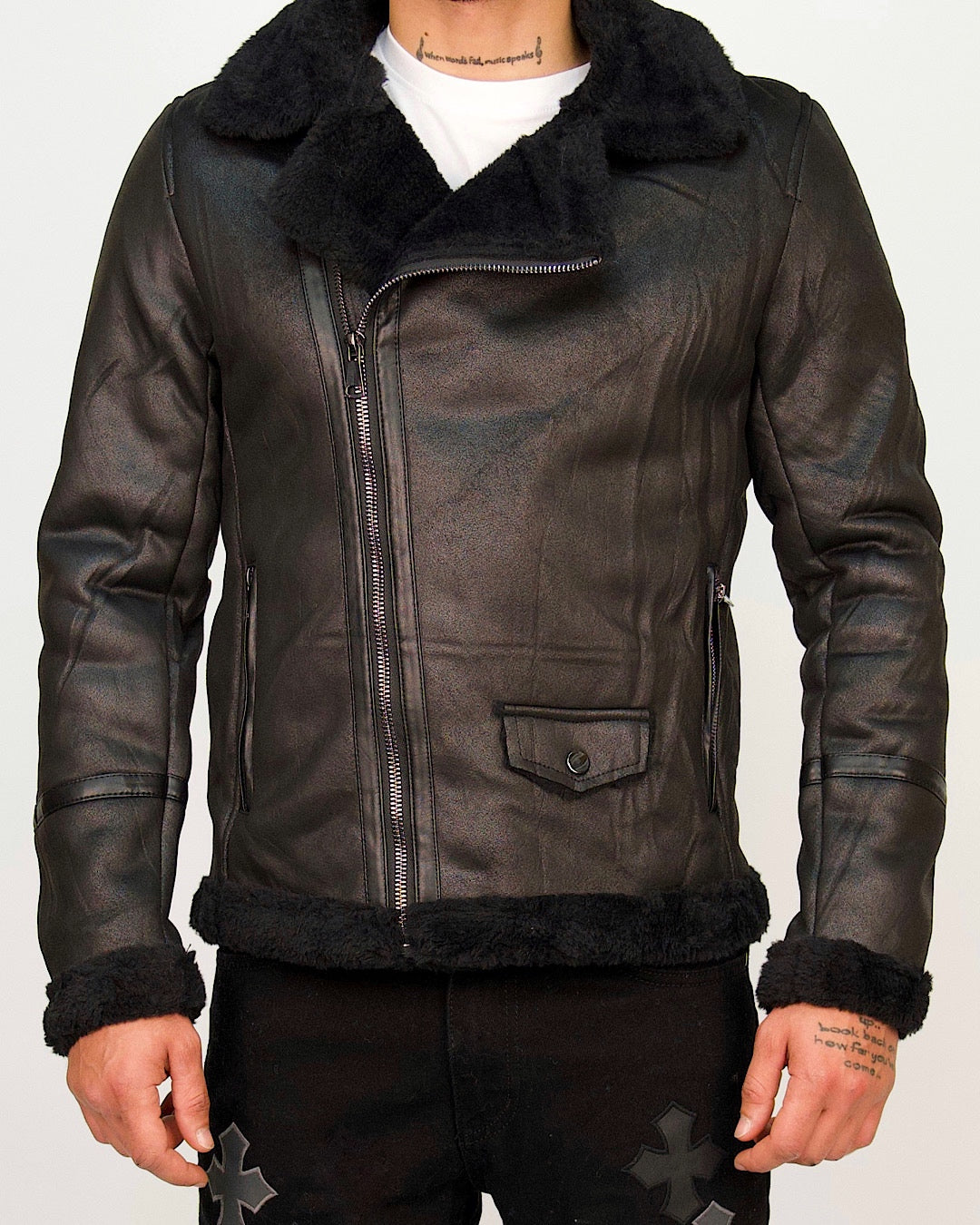 Faux-Leather Shearling Biker Jacket