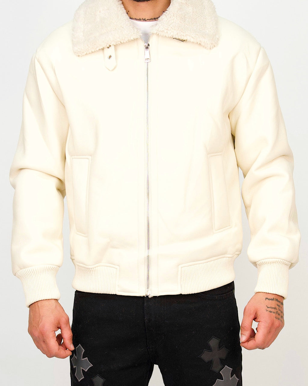 Faux-Leather Borg-Collar Bomber Jacket