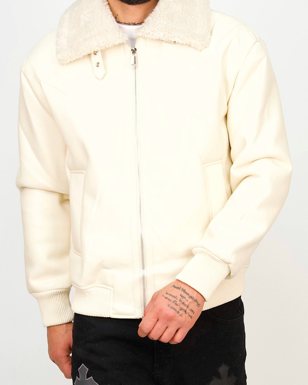 Faux-Leather Borg-Collar Bomber Jacket
