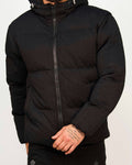 Men’s black textured-weave hooded puffer jacket with zip fastening and padded construction.