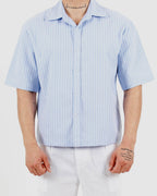 Oversized Crop Stripe Short Sleeve Light Blue Shirt