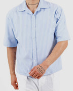 Oversized Crop Stripe Short Sleeve Light Blue Shirt